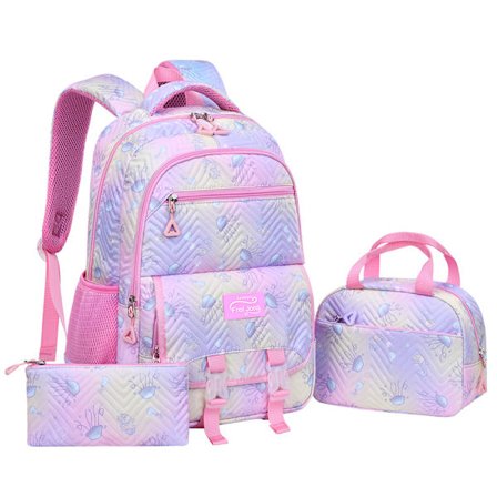 Rygsæk til piger, skoletaske med penalhus og madkasse, sød skolerygsæk 3-delt, til grundskole & teenagepiger