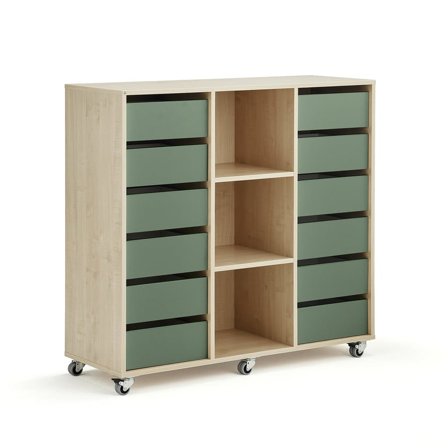 Elevförvaring CASPER, 12 lådor, 3 fack, hjul, björk, mörkgrön