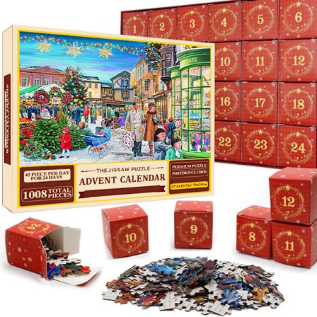 Puslespill Julekalender 2024, 1008 Puslespillbrikker 24 Dagers Juletelling Julekalendere