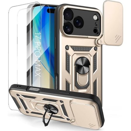 Beskyttelsesetui til iPhone 17 Pro Max - MÆRKE - Gylden - Stødabsorberende - Kradsesikker - Rotérbart stativ