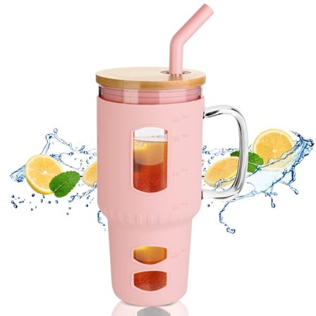 32 unssia lasinen muki kahvalla, lasiset vesipullot kannella ja pillillä, uudelleenkäytettävät jääkahvikupit, suuret juomalasit