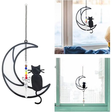 Sort kat på månen - Glasmaleri til ophæng i vinduer - Dekoration til hjem og have - Ophæng til vægdekoration - Hjemmedekoration