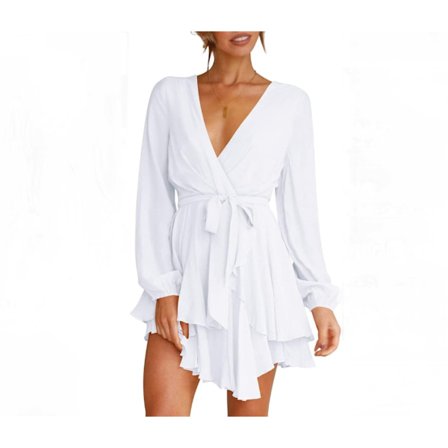 Damklänning Djup V-ringad långärmad midja tie volang