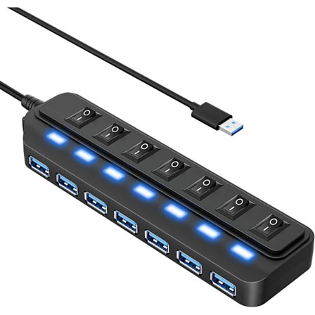 7 Port USB 3.0 Hub med Individuel On/Off, 5Gbps HighSpeed Data USB adapter til Laptop, MacBook
