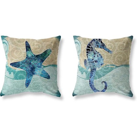 Tyynynpäälliset 18x18 tuumaa, 2 kpl setti - Puuvillapellava, sininen meri-teema, tähti, merihevonen, rantapelin tyynynpäälliset, koristeelliset 