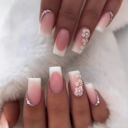 Medelstora Kvadratiska Press-on Naglar Vita Blommor Falska Naglar med Strass Glansiga Rosa Akrylnaglar Vita Franska Spetsar Artificiella Naglar 24 st