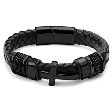 Braided Black Stainless Steel Cross Bracelet for Men - Leather bracelets