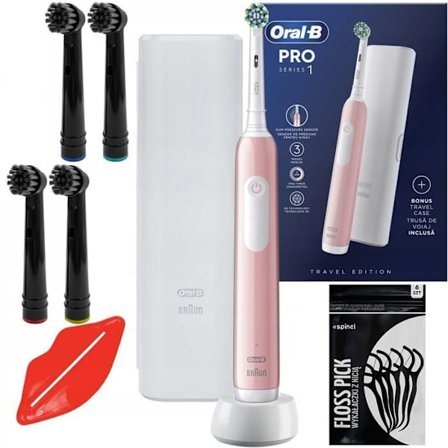 Elektrisk tandborste - Oral-B - Pro Series 1 - Roségold, uppladdningsbar med reseetui och 4 borstar.