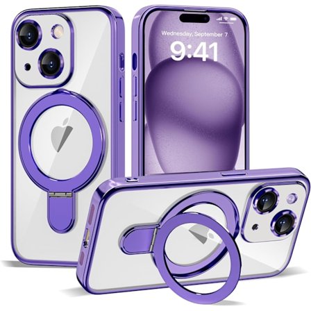 iPhone 15 Skal med Osynlig Magnetisk Ringstativ [Kompatibelt med Mag-Safe] [Fullständigt Kameralinsskydd] Pläterad Klar för iPhone
