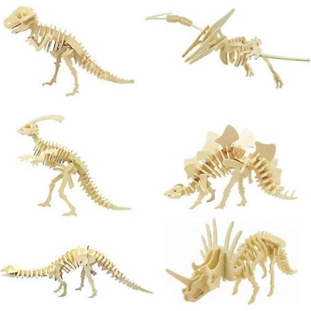 3D Træ Dinosaur Puzzle - 6 Dele Sæt Træ Dinosaur Skelet Model Puzzle - DIY Træhåndværk 3D Puzzle - STEM Legetøj Gaver til Børn og Voksne