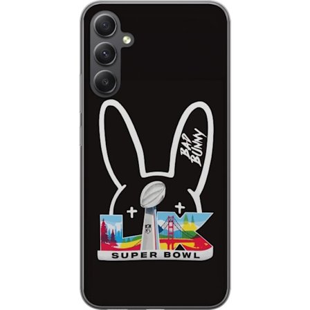 Kompatibel Mobilcover til Samsung Galaxy A15 5G Bad Bunny portræt med åben skjorte, tatoveringer og krøllet hår i stilfuld modefotografering