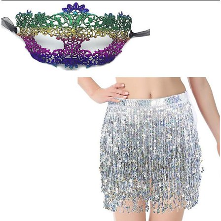 Paljett Spets Mask Kjol, 4 Lager Paljett Frans Kjol och Venetiansk Mask, Paljett Orientalisk Dans Scarf och Mask, Paljett Frans Kjol Kvinnors Paljett 