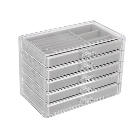 Smykkeorganisator med 5 Skuffer Klar Akryl Smykkeæske Gave Stabelbar Fløjl Ørestik Display Ho