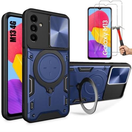 Etui til Samsung Galaxy M13 med 2 hærdede briller, etui med kameracover og ringholder Marineblå