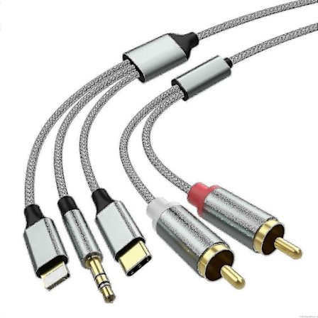 3-i-1 Ljudkabel: Lightning/RCA/USB C till 3,5 mm/RCA för bil, hemmabio, högtalare (Europa)-WELLNGS