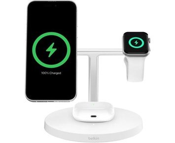 Belkin 3-in-1 Qi2 15W charging stand Apple Watch fast charge - White - 3-i-1 trådlös laddställning för dina Apple-enheter