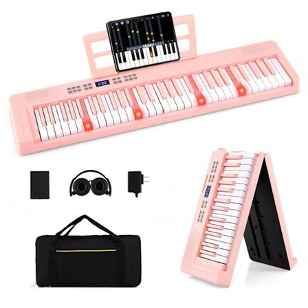 Foldbart Elektronisk Klaver med 61 Taster COSTWAY - MIDI-Funktion, Split, Hovedtelefoner, Sustain Pedal - 2 Højttalere - LED Skærm - Rosa