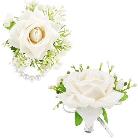 2 stk. kunstige håndledsblomster hvide roser til bryllup, mænds boutonniere rose corsage, brud brudepige håndledsrem armbånd bryllupsblomster