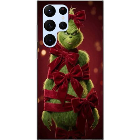 Yhteensopiva Puhelinkuori Samsung Samsung Galaxy S22 Ultra 5G Grinchi-hahmo koristeltu punaisilla samettinauhoilla juhlavassa studiossa, leikkisällä