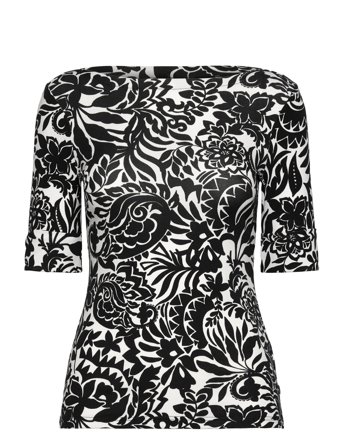 Lauren Ralph Lauren Floral Stretch Cotton Boatneck Tee - Black - M