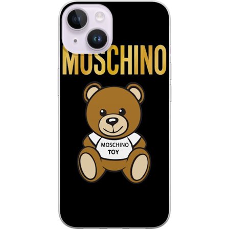 Kompatibelt Mobilskal till Apple Apple iPhone 14 Moschino-inspirerad nallebjörn med text på tröjan, centrerad mot svart bakgrund med tydlig mode- o
