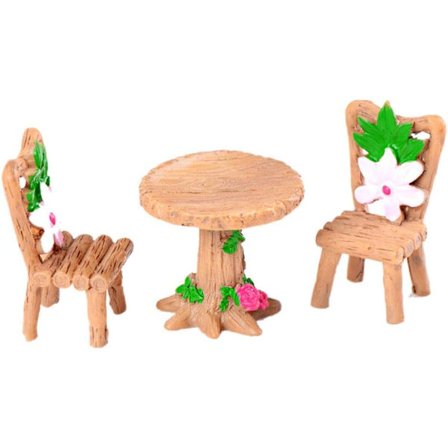 3 st bord och stolar i harts, miniatyrlandskap, dekoration, älva