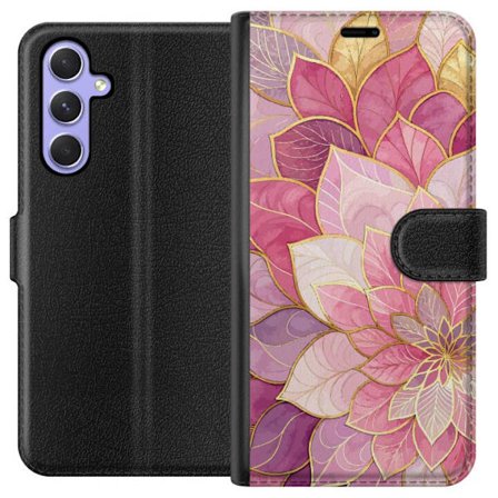 Kompatibelt Lommeboketui til Samsung Galaxy A54 Rosa og lilla blomstermønster med gyldne detaljer - Elegante mandala-inspirerte motiv