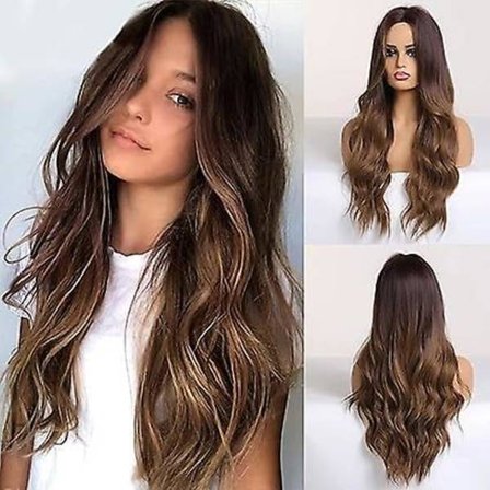 Lång Naturlig Syntetisk Brun Peruk, Vågig Peruk Med Mittspets Full Peruk För Kvinnor Dagligt Bruk Naturlig