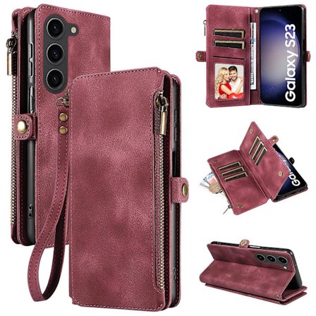 Vetoketjullinen case Samsung Galaxy S24 Ultralle, käännettävä nahkainen cover Galaxy S24 Ultra, korttipidike ja rannehihna