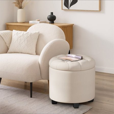 Rund sittpuff 45 x 45 x 44,5 cm med förvaring - Ljusbeige