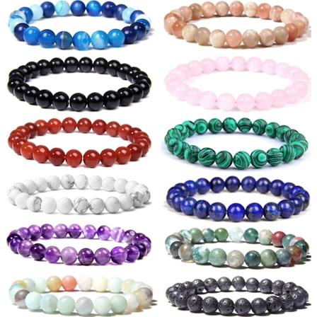 12 stk. 8 mm halvædelstensperler armbånd til mænd og kvinder, helbredende stræk runde perler krystal ædelstensarmbånd unisex