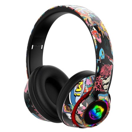 Trådløse Bluetooth Cool Graffiti LED-belyste gaming-headset for barn, tenåringer og voksne, hodetelefoner med innebygd mikrofon, kompatibel med iOS og