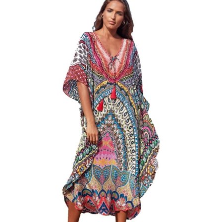 Etnisk strandkjole med tryk til kvinder, bikini-overdel