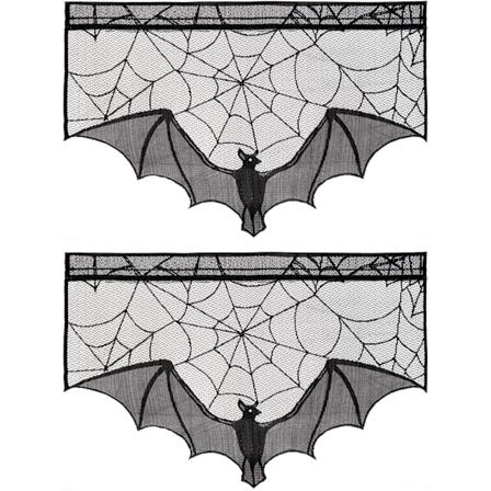 Halloween Sort Lace-Edderkoppevæv - 2 stk. Bat Gardin Vindue Valance Spindelvæv Dug Bruseforhæng Pejs Mantel Sca