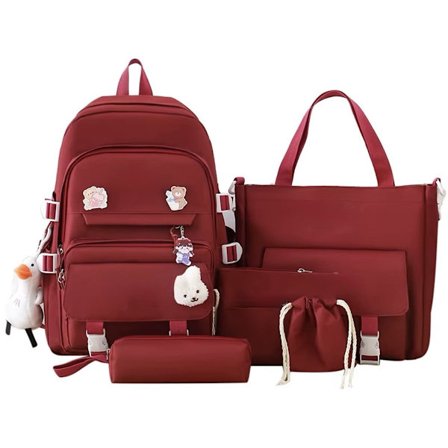 Skolesæt 5-1, Rygsæk, Taske, Skuldertaske, Gymnastiktaske, Teenagertaske - Rød