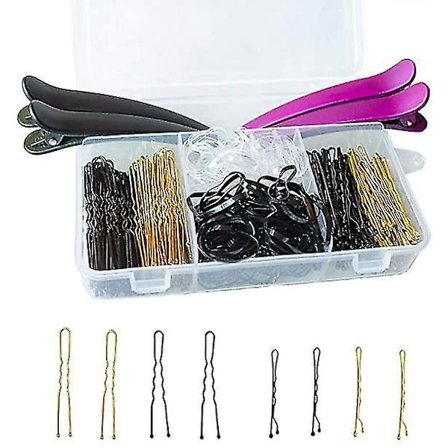 Hiusneulat 200 kpl, U-neulat 4 hiuspinniä ja 100 kumilenkkiä