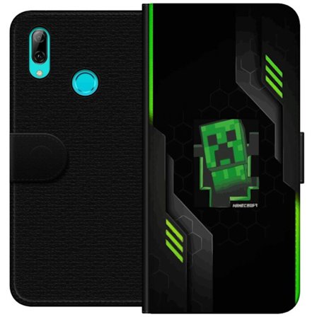 Kompatibelt Plånboksfodral till Huawei Huawei P smart 2019 Grön pixelbaserad creeperliknande spelillustration med futuriska neoninslag och mörk tec