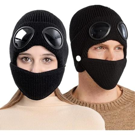 (2-pack svart) Vintervarm stickad mössa vindtät ullmössa med glasögon