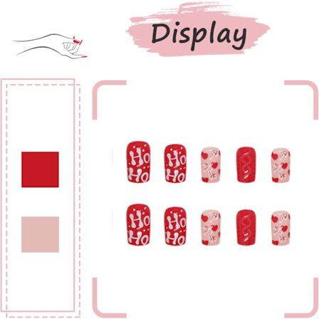 24 stk Julerøde Kunstige Negltips, Korte, Kvadratiske Franske Trykk-på Negltips, Røde Hjerter, Avtagbare Lim-på Negltips med Limstrimler, Julerøde 