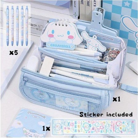 7-delt skrivesett med 9-lags blyantveske med stor kapasitet - søtt design, oppbevaringsveske for skrivesaker i kanvas for studenter