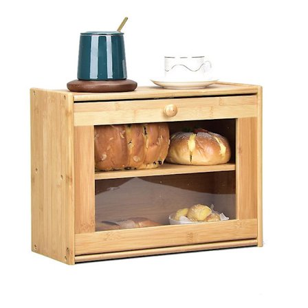 Premium bambu dubbelskiktad brödlåda med genomskinligt fönster, brödförvaring och arrangör för köksbänk, brödbehållare, montering krävs