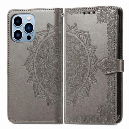 Iphone 13 Pro Max Fodral Mandala Textur Läder Grå