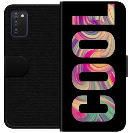 Kompatibelt Plånboksfodral till Samsung Samsung Galaxy A03s Modern typografisk konst med ordet LOVE i flytande regnbågsfärger mot svart bakgrund me