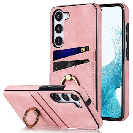Samsung Galaxy S24 -kuori korttipaikalla ja rengaspidikkeellä, vaaleanpunainen