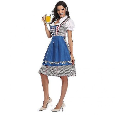 High Quality Traditional German Plaid Dirndl Dress Oktoberfest Costume Outfit For Adult Women Halloween Fancy Party-G Style2 Blue