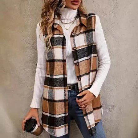 Rutig västjacka för dam, avslappnad krage, knäppning fram, ärmlös kavaj, ytterkläder