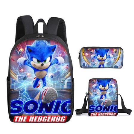 SONIC ryggsäck Sonic grundskola ryggsäck 3-delad set tecknad film tecknad ryggsäck axelväska pennfodral stil M-WELLNGS Style M three-piece