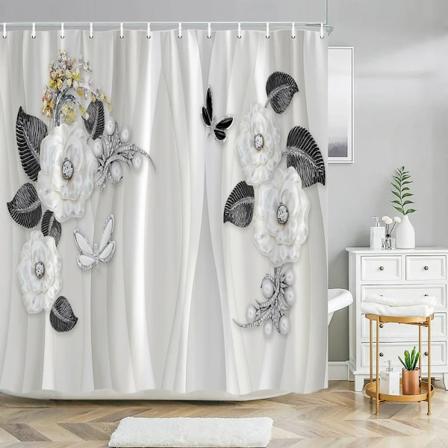 Elegant og fasjonabel fantasiperler og diamanter Bukett 3D-stil dusjforheng med badematte Sett Hjem baderomsdekor 3620SD -gardin W220xH180cm