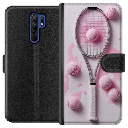 Kompatibel Tegnebogsetui til Xiaomi Xiaomi Redmi 9 Rosa glaskugler og tennisketsjer i et kreativt stillbillede med legende popfølelse og moderne desi