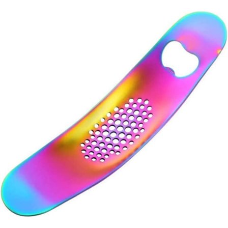 Sateenkaarenvärinen valkosipulinpuristin ruostumattomasta teräksestä, metallinen valkosipulileikkuri, valkosipulinpuristin pullonavaajalla